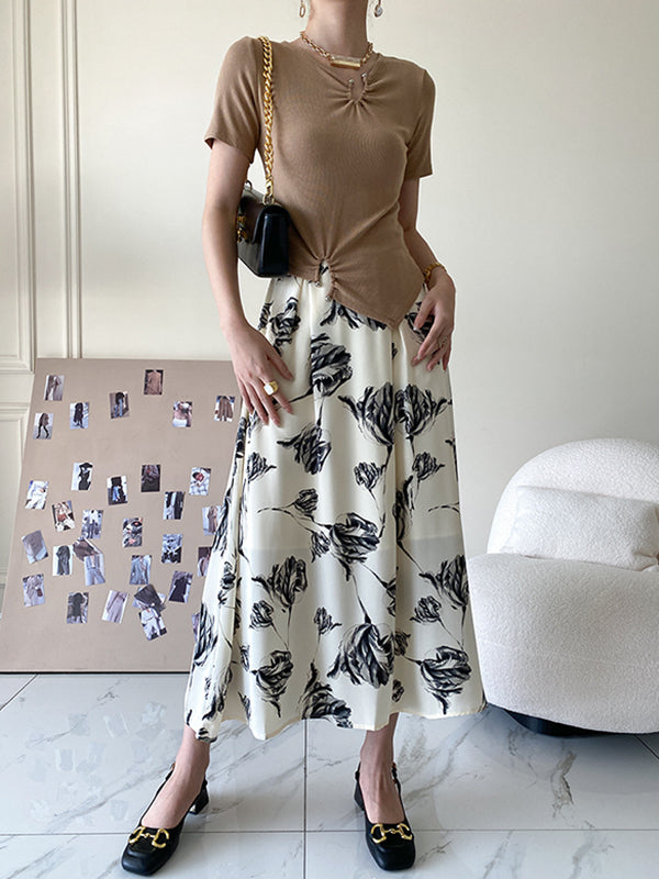 Original Casual Solid Color Pleated Skinny T-Shirt Top