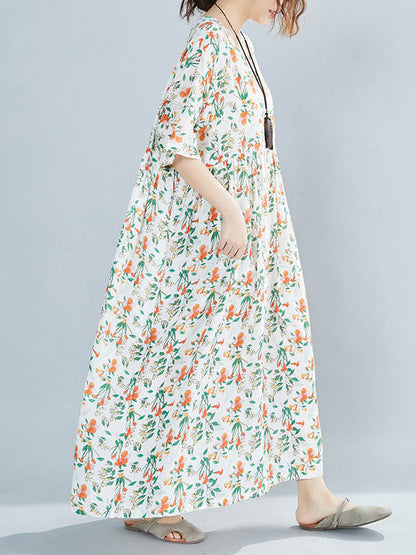 Casual Floral Printed Round-Neck Short Sleeves Midi Dress