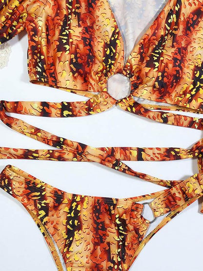 V-Neck Bandage Short Sleeves Printing Bikini Swimsuit
