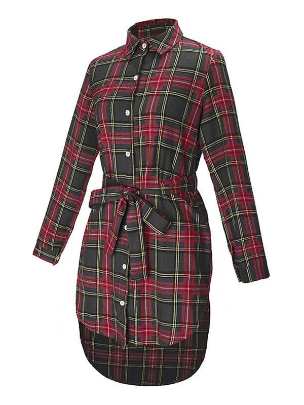 Polo Collar Checkered Belt Buckle Midi Shirt