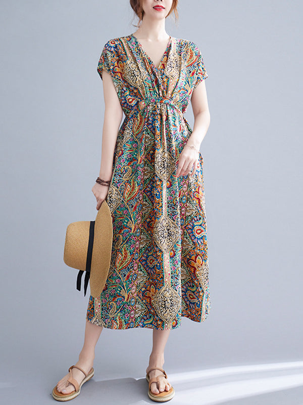 Original Artistic Retro Loose Floral Printed Vacation Midi Dress