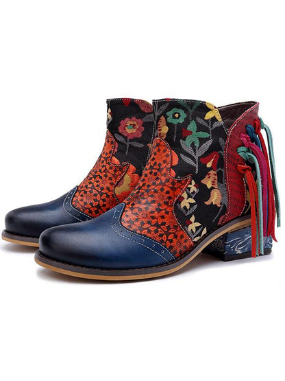 Printed Split-joint Tassels Zipper Booties