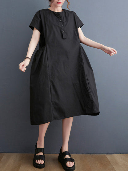 Casual Solid Color Round-Neck With Pocket Midi Dress