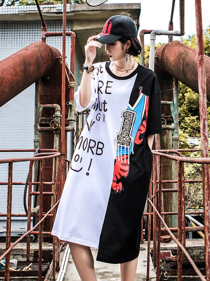 Loose Splicing Color Letter Beaded Print Cropped Long T-Shirt