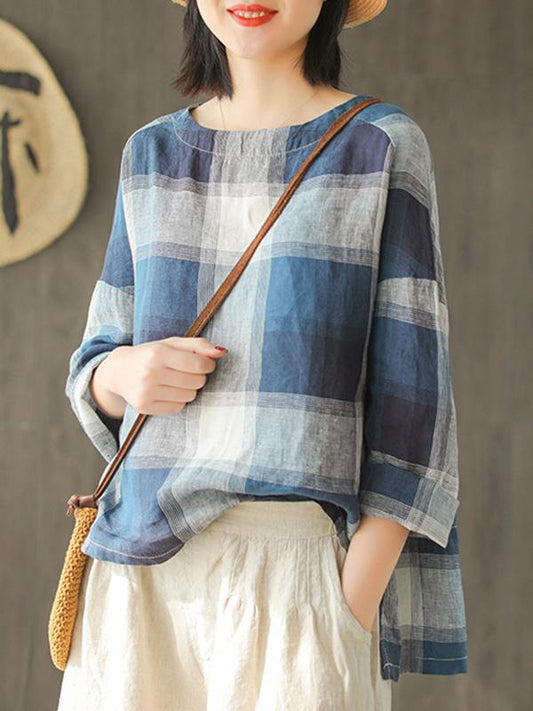 Ramie Cotton Plaid High-low Loose Fresh Shirt Top
