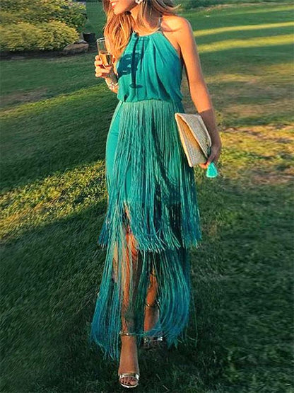 Halter-neck Tasseled Split-joint Maxi Dress