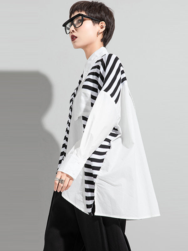 Stylish Asymmetric Split-Joint Striped High-Low Irregular Clipping Split-Back Blouse