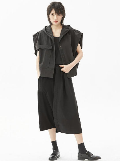 Original Simple Black With-hat Sleeveless Outwear