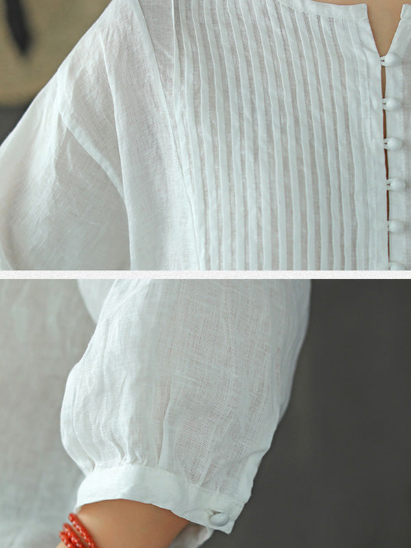 Original Linen Solid Color Pleats T-Shirts Tops