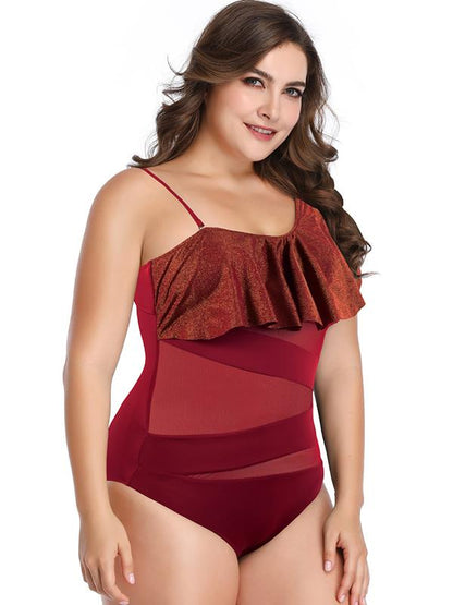 Tulle Hollow Plain Falbala Plus Size Swimwear