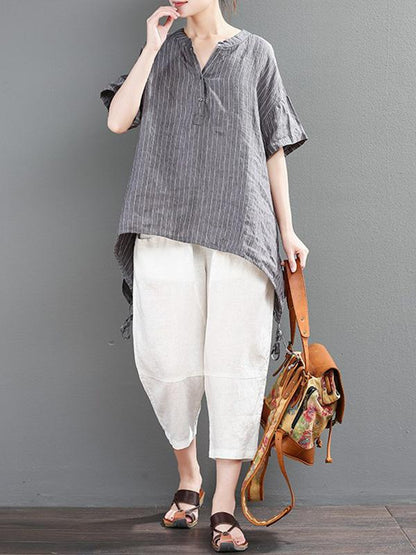 Loose Striped T-shirt + Solid Casual Pants Suits