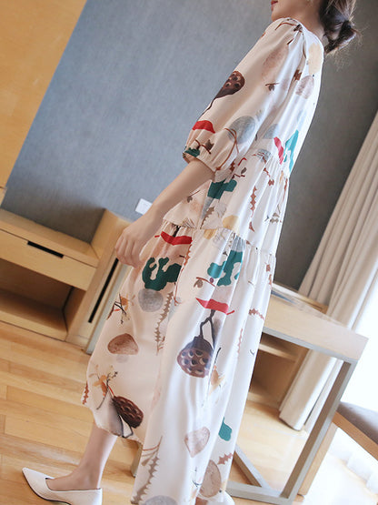 Original Printing Split-Joint V-Neck Midi Dress