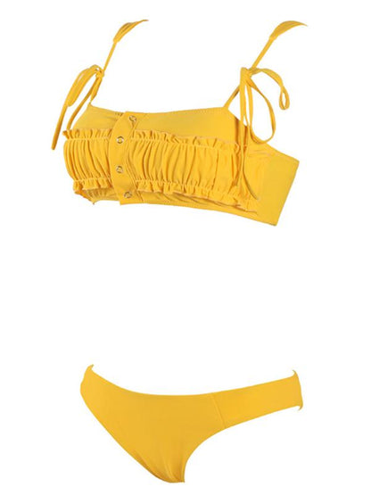 Ruched Plain Yellow Bikini Swimsuit