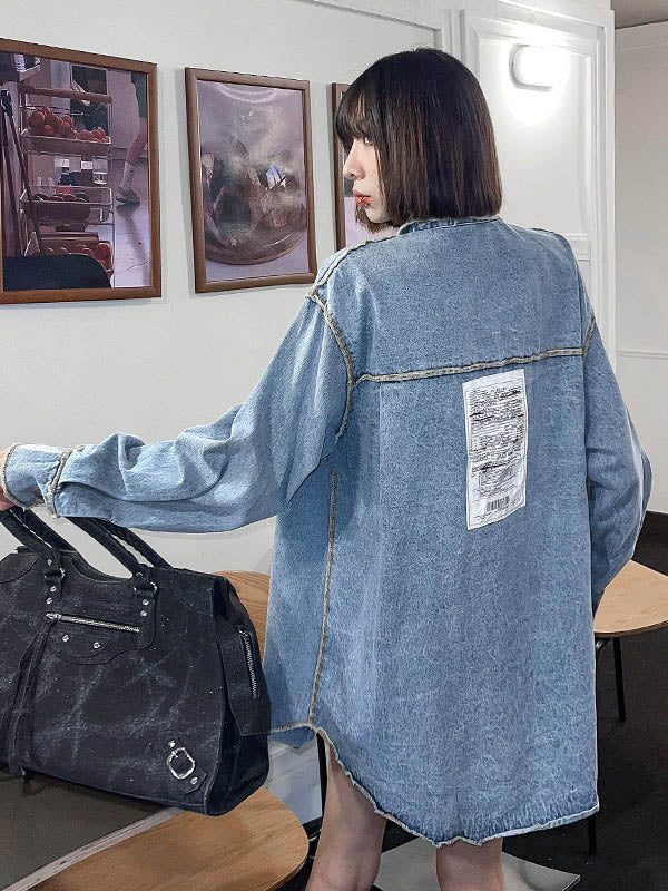 Original Stylish Loose Split-Joint With Pocket Buttoned Applique Lapel Collar Long Sleeves Denim Outwear