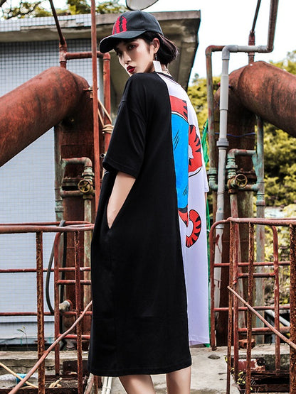 Loose Splicing Color Letter Beaded Print Cropped Long T-Shirt