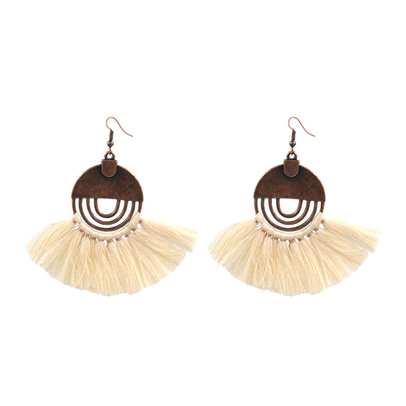 Fashionable hollow-out fan-shaped Bohemian tassel earrings