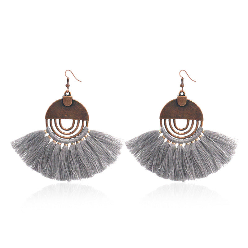 Fashionable hollow-out fan-shaped Bohemian tassel earrings