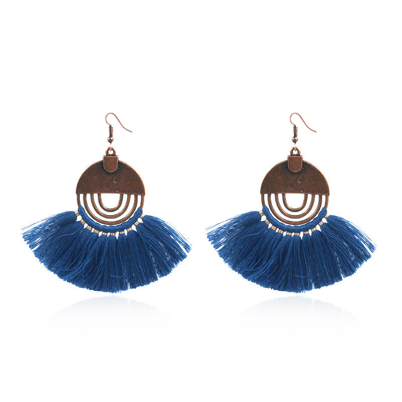 Fashionable hollow-out fan-shaped Bohemian tassel earrings