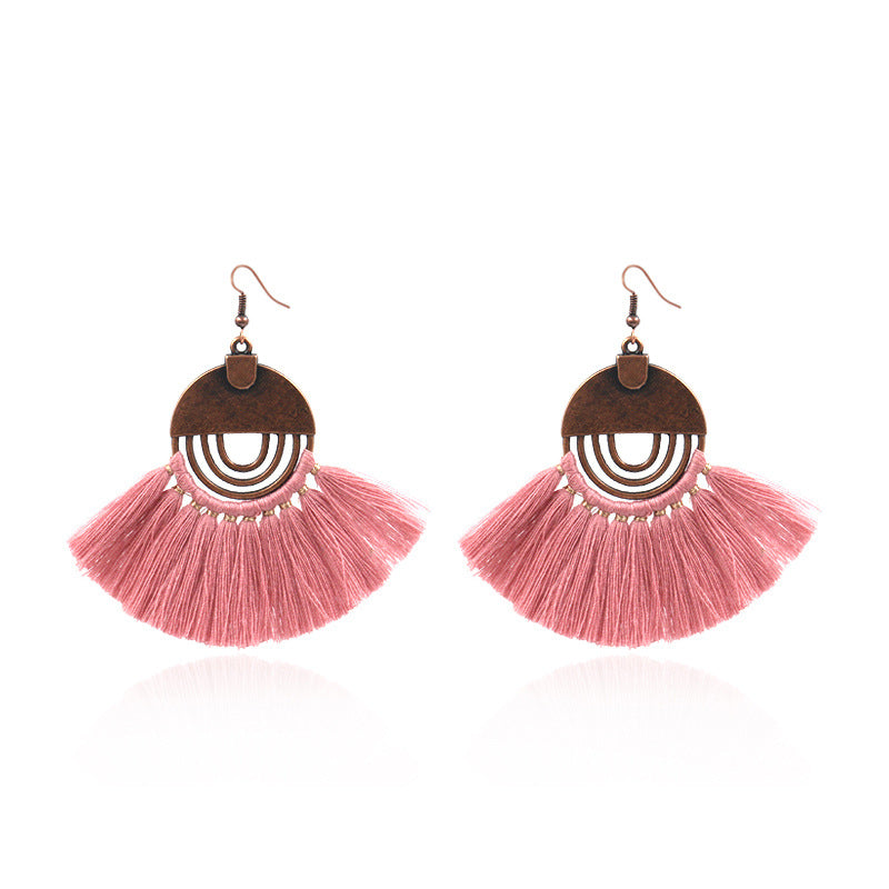 Fashionable hollow-out fan-shaped Bohemian tassel earrings