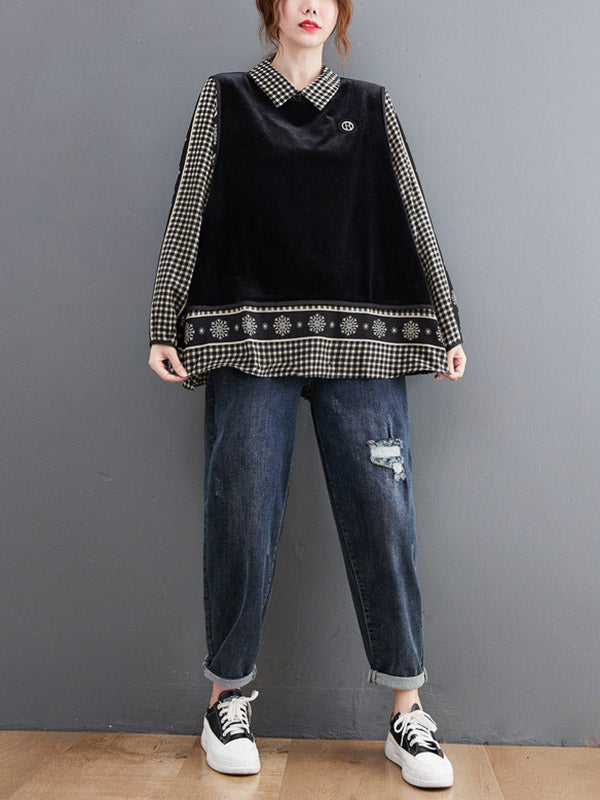 Casual Loose Plaid Floral Printed Lapel Collar Long Sleeves False Two Blouse