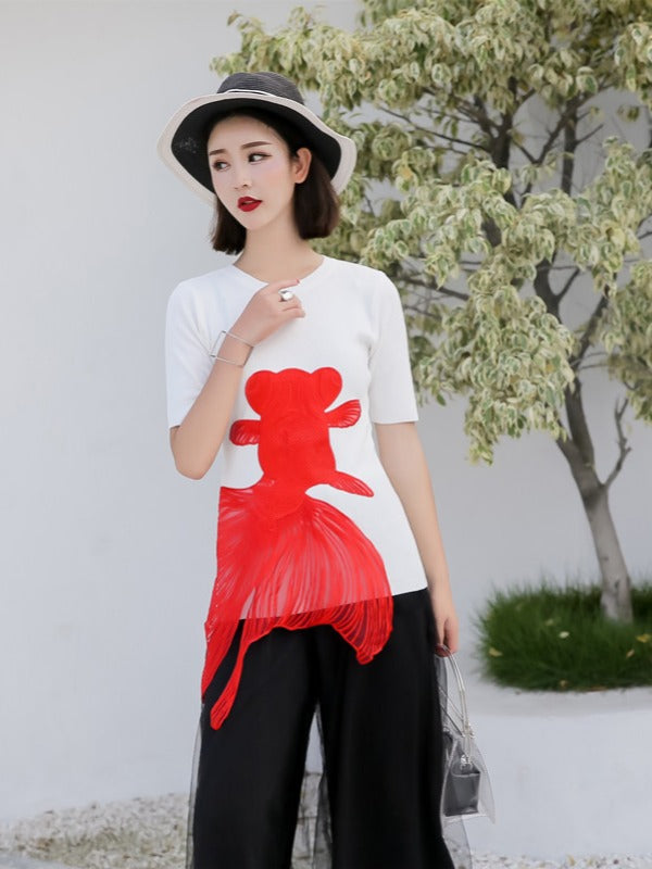 CASUAL FISH EMBROIDERED KNITTING T-SHIRTS