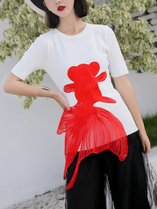 CASUAL FISH EMBROIDERED KNITTING T-SHIRTS