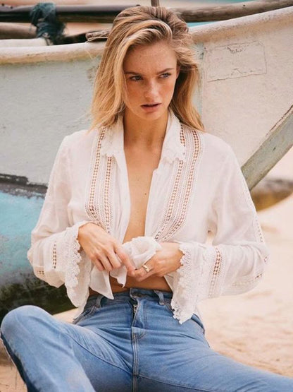 Fashion Hollow Long Sleeves Lace Blouse Shirt Tops
