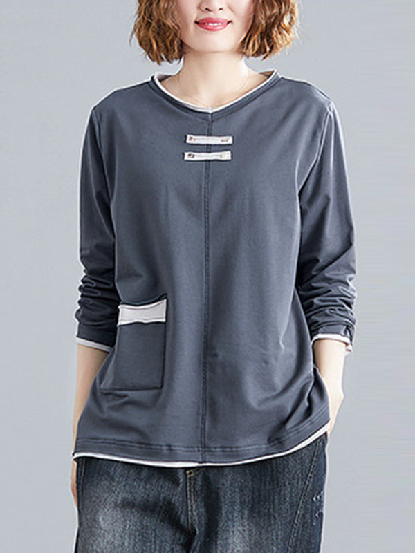Casual Split-Joint Round-Neck Long Sleeves T-Shirts Top