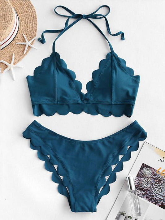 Solid Color Scalloped Bandage  Split Bikini Swimsuit