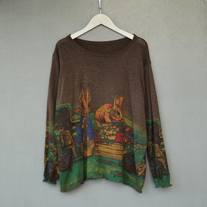 Buykud Cartoon Rabbit Printed Casual Knitted Shirt