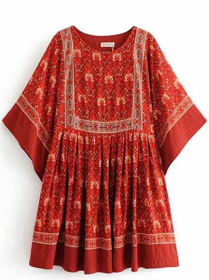 Retro Round Neck Floral Loose Mini Dress