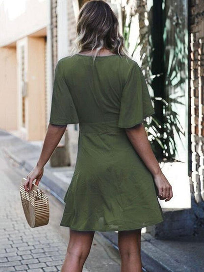 V-neck Bandage Waisted Short Sleeves Mini Dress