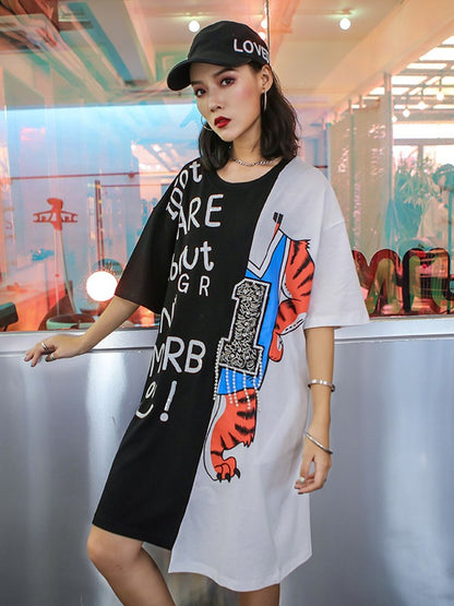 Loose Splicing Color Letter Beaded Print Cropped Long T-Shirt
