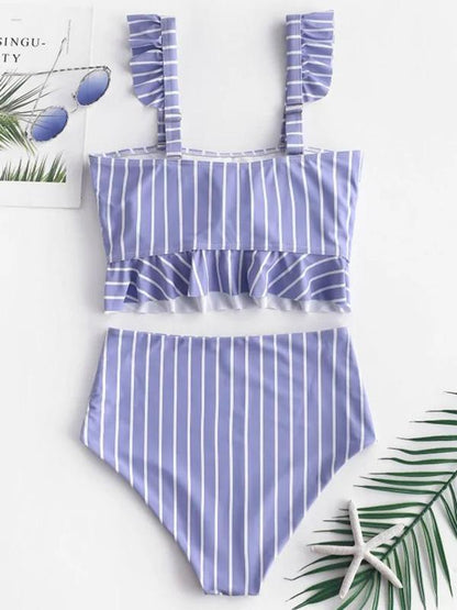 Ruffle High Waisted Stripe Plaid Bikini Swimsuit