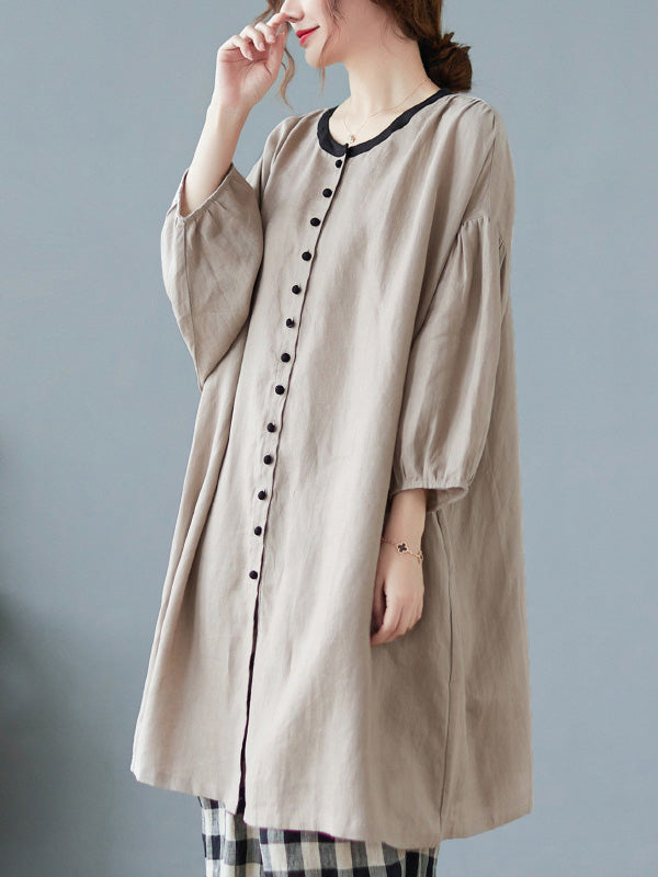 Causal Ramie Cotton Buttoned Round-Neck Long Sleeves Loose Midi Dress