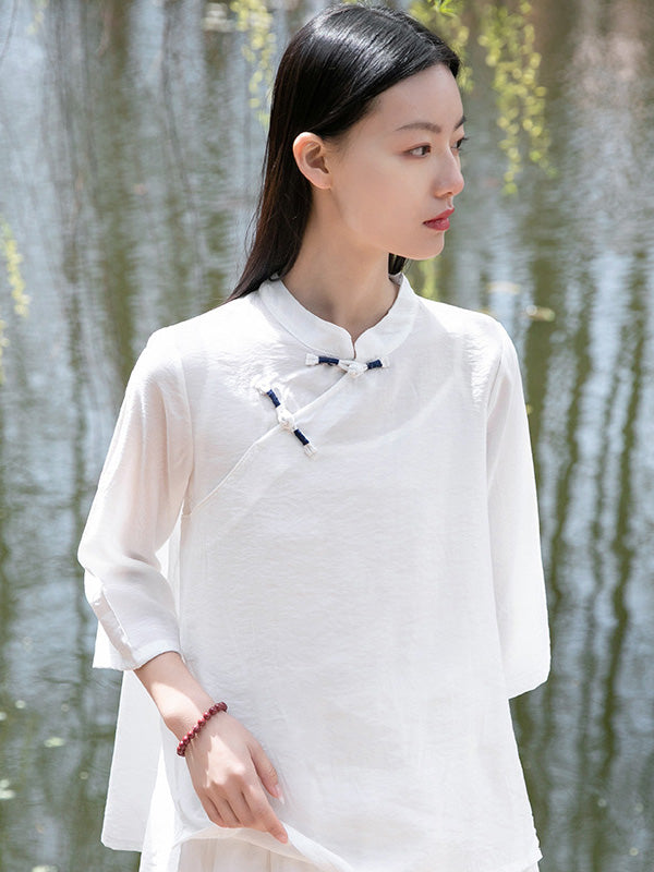 Vintage Tencel Buttoned Stand Collar High-Low Half Sleeves T-Shirt