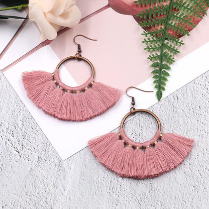 creative handmade fan-shaped tassel Bohemian earrings