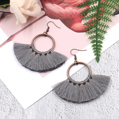 creative handmade fan-shaped tassel Bohemian earrings