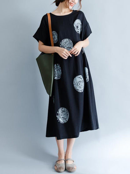 Black Polka-Dot Print Round-neck Midi Dress