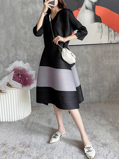 Fashion Irregular Contrast Color Pleated Drawstring Midi Dress