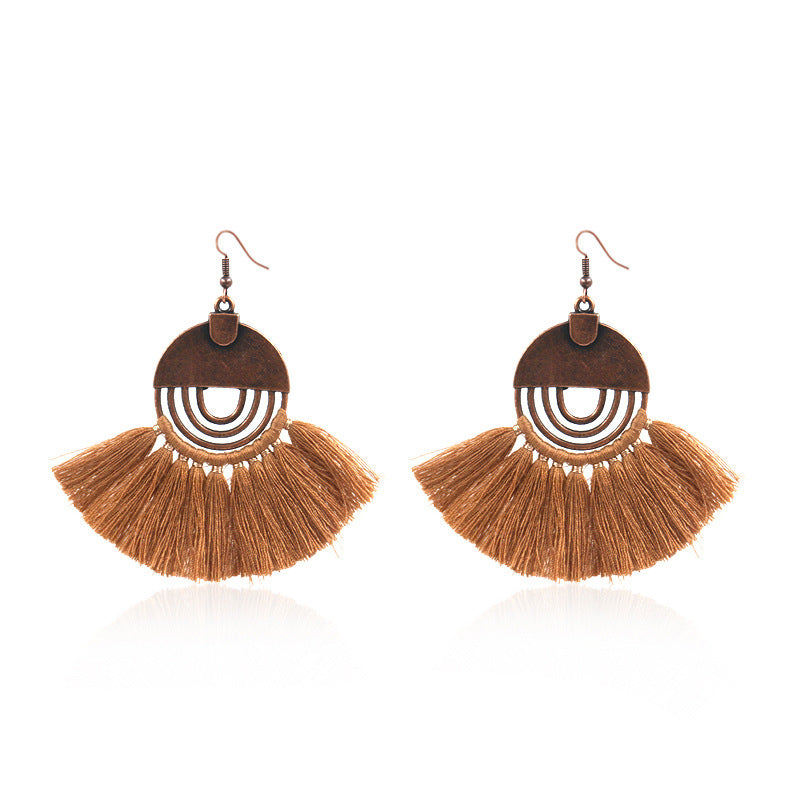 Fashionable hollow-out fan-shaped Bohemian tassel earrings