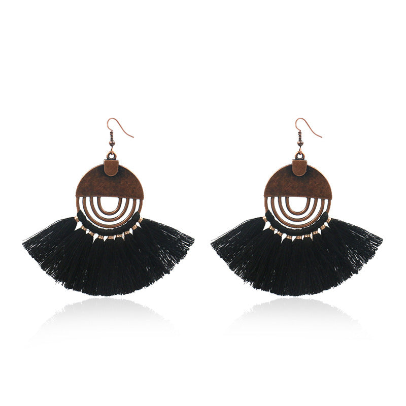 Fashionable hollow-out fan-shaped Bohemian tassel earrings