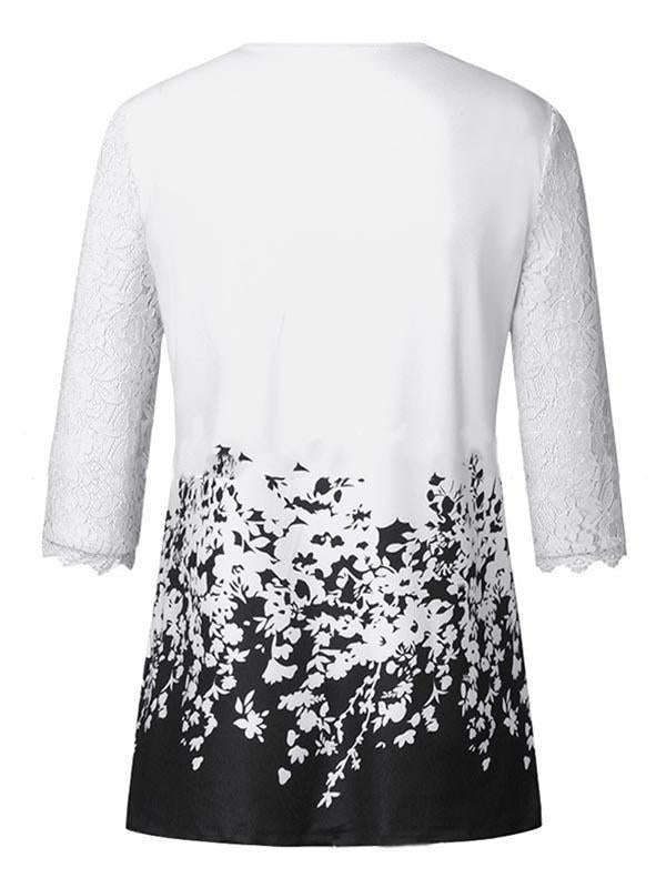 V-Neck Elbow Sleeves Lace Printed Loose Blouse