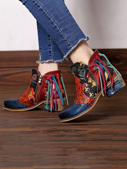 Printed Split-joint Tassels Zipper Booties