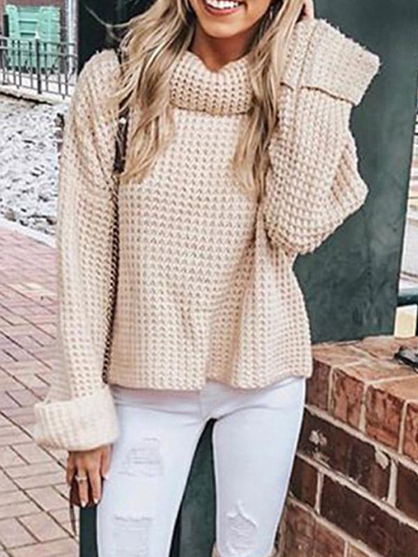 Solid Color Knitting High-neck Sweater Tops