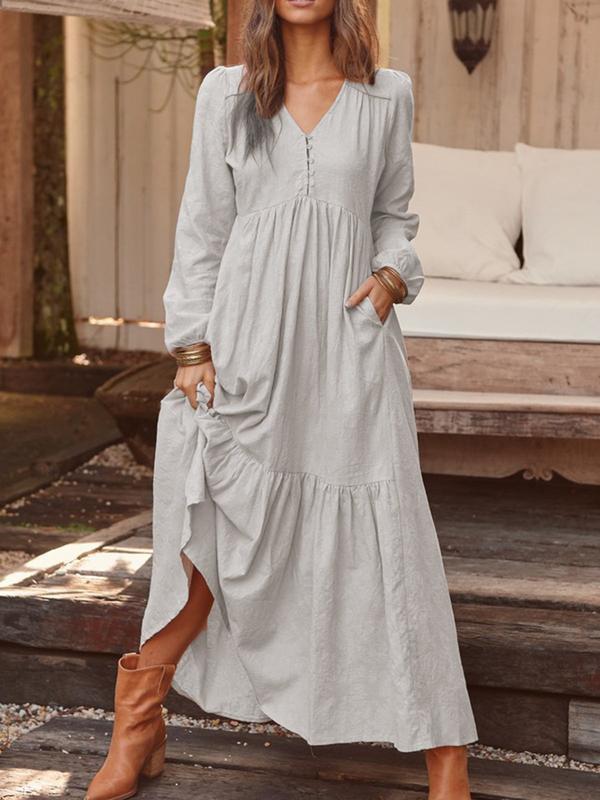 Long Sleeve Simple V-neck Maxi Dress
