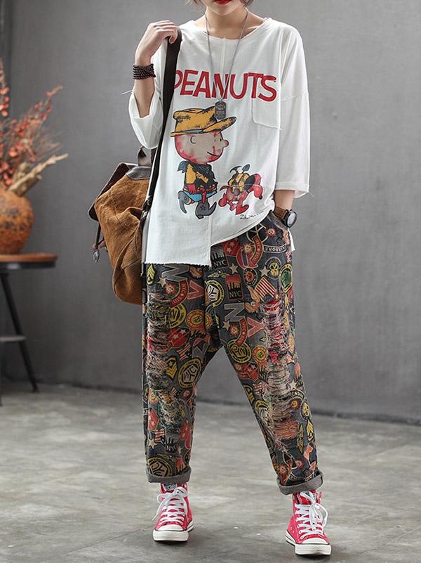 Printed Mess Style Hole-with Loose Pants