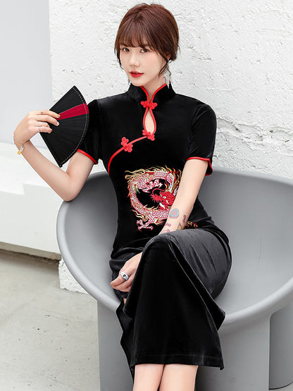 Original Dragon Embroidered Stand Collar Short Sleeves Long Cheongsams