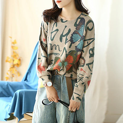 Buykud Butterfly Print High Low Hem Pullover Sweater