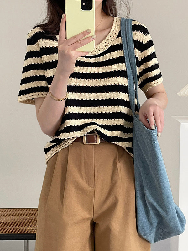 Simple Black White Contrast Color Striped Knitting T-Shirt